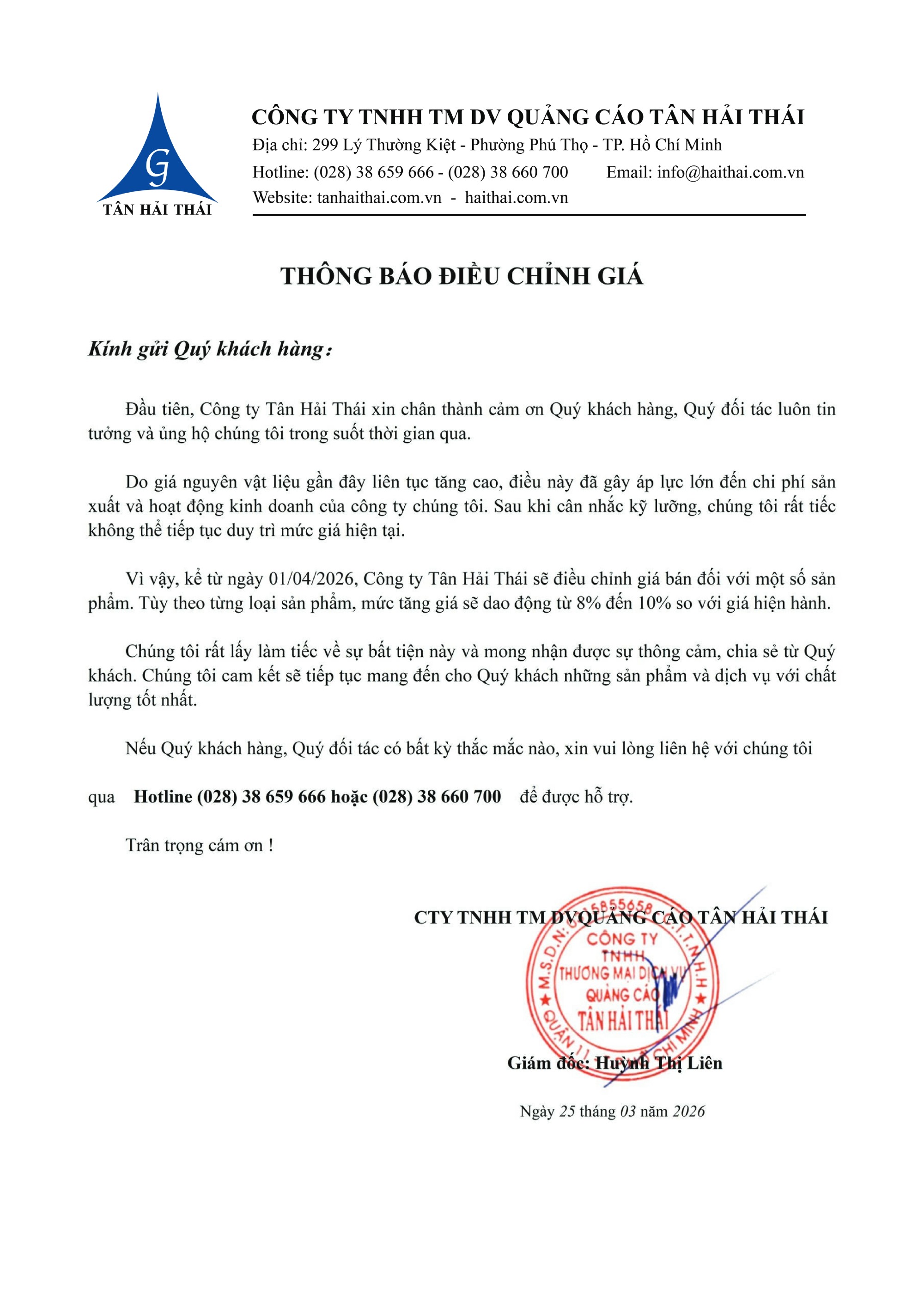 công ty quảng cáo tân hải thái thông báo thay đổi giá bán tháng 04 năm 2026