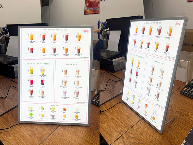 Hộp đèn tranh điện tranh rút A3 được sử dụng làm Menu cho các chuỗi trà sữa